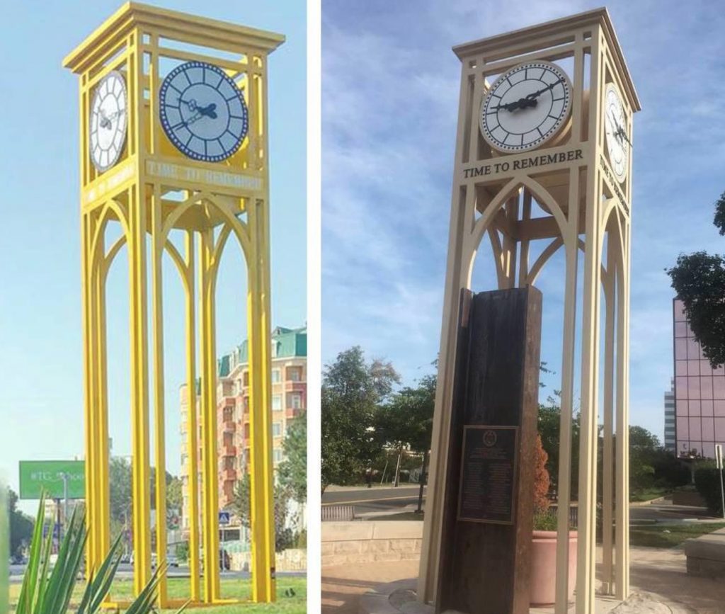 A gauche l'horloge installée puis très vite démontée à Tachkent et à droite l'original, qui est en fait un mémorial aux victimes du 11 septembre 2001 dans une ville américaine